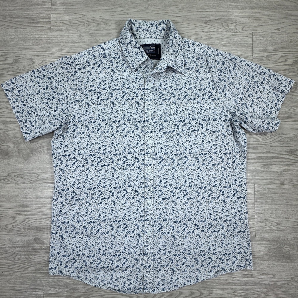 Monument Men's Button Down Shirt Floral Print Short Sleeve Blue Large Cotton